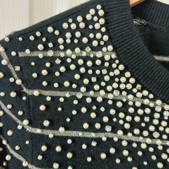 Halogen x Atlantic-Pacific Women's Black-Silver Pearled Stripe Sweater Size S - Picture 4 of 12